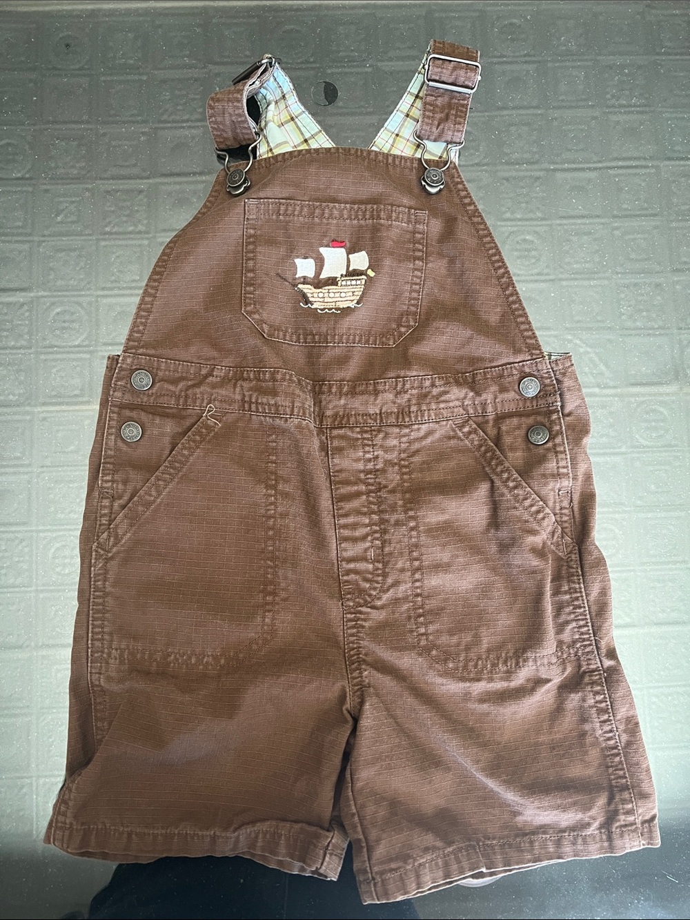 Janie and Jack Brown Short Overalls with Ship Embroidery